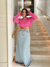 Rose Red Cropped Ribbed Pullover Elegant O Neck Long Sleeves Sweater